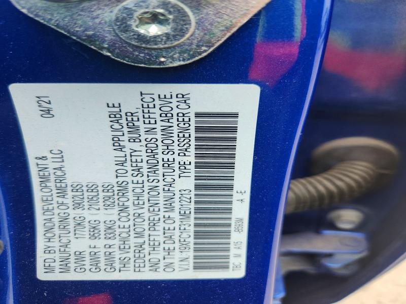 Продаж на аукціоні авто 2021 Honda Civic, vin: 19XFC1F31ME012213, номер лоту: 52157686