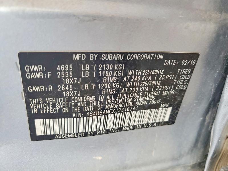 52149086 :رقم المزاد ، 4S4BSANCXJ3316741 vin ، 2018 Subaru Outback مزاد بيع