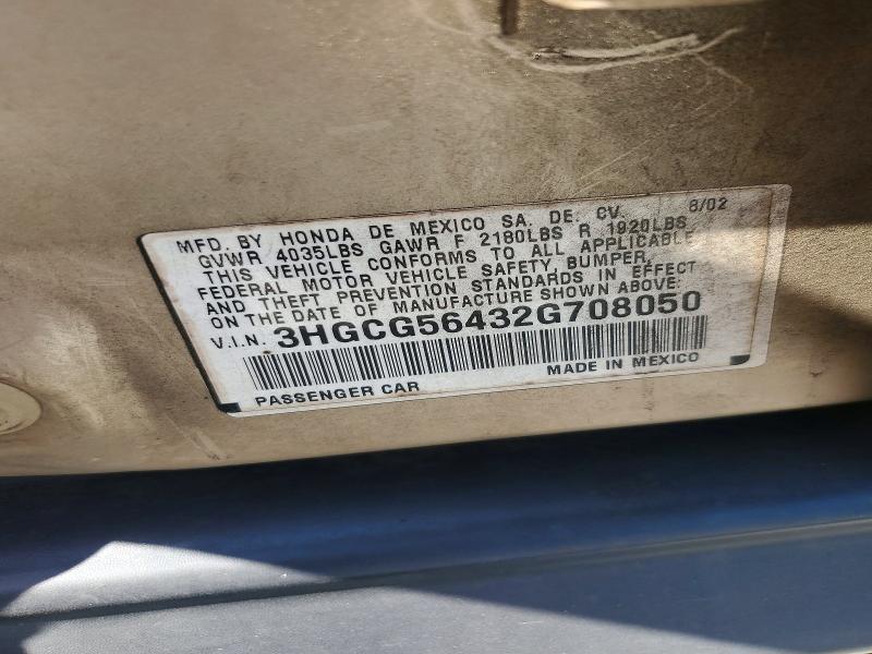 Продаж на аукціоні авто 2002 Honda Accord, vin: 3HGCG56432G708050, номер лоту: 54011076