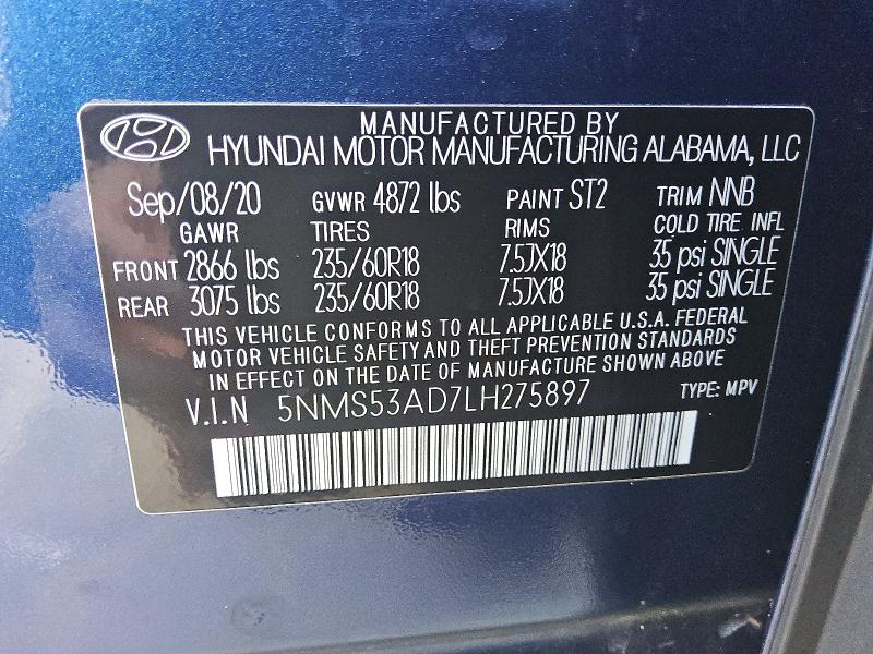 2020 Hyundai Santa Fe მანქანა იყიდება აუქციონზე, vin: 5NMS53AD7LH275897, აუქციონის ნომერი: 52692456