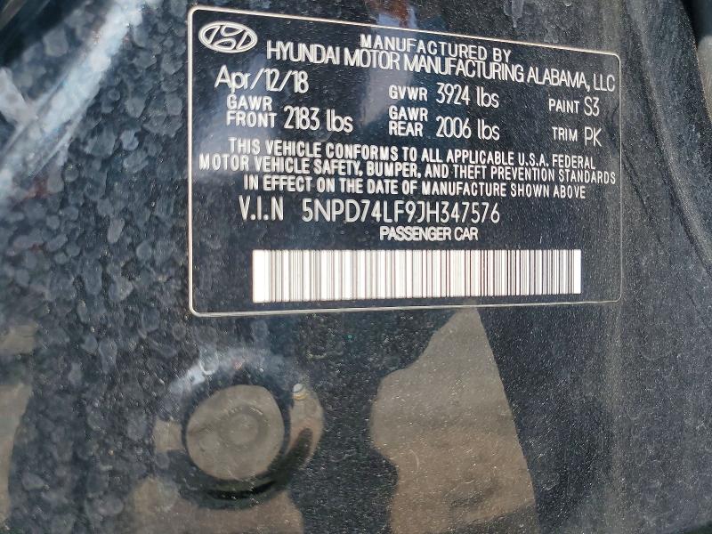 54293706 :رقم المزاد ، 5NPD74LF9JH347576 vin ، 2018 Hyundai Elantra مزاد بيع