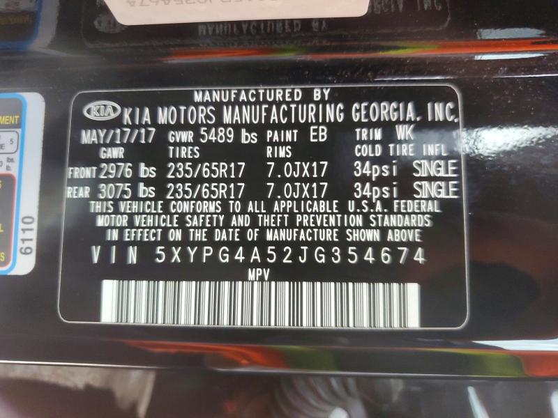 Aukcja sprzedaży 2018 Kia Sorento, vin: 5XYPG4A52JG354674, numer aukcji: 54150436