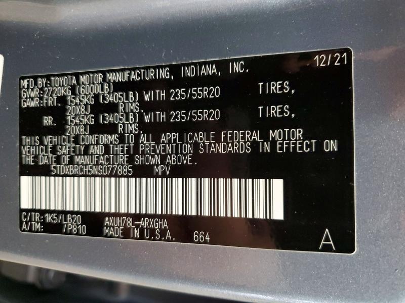 Продажа на аукционе авто 2022 Toyota Highlander Hybrid, vin: 5TDXBRCH5NS077885, номер лота: 51991516