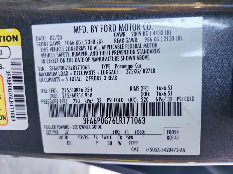 Aukcja sprzedaży 2020 Ford Fusion, vin: 3FA6P0G76LR171063, numer aukcji: 53267076