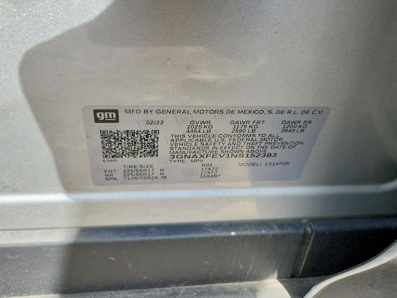 Aukcja sprzedaży 2022 Chevrolet Equinox, vin: 3GNAXFEV1NS152383, numer aukcji: 51922466