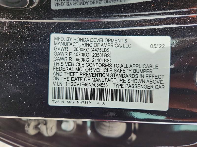2022 Honda Accord მანქანა იყიდება აუქციონზე, vin: 1HGCV1F46NA054856, აუქციონის ნომერი: 55026356