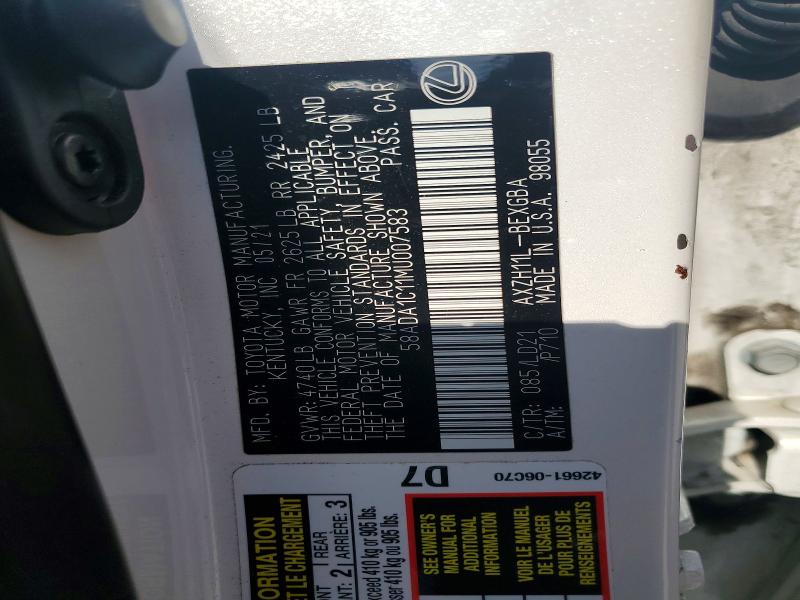 Aukcja sprzedaży 2021 Lexus Es, vin: 58ADA1C11MU007583, numer aukcji: 54532276