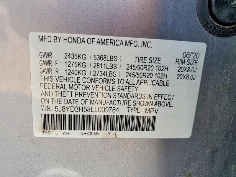 Продаж на аукціоні авто 2020 Acura Mdx, vin: 5J8YD3H58LL009784, номер лоту: 52222466