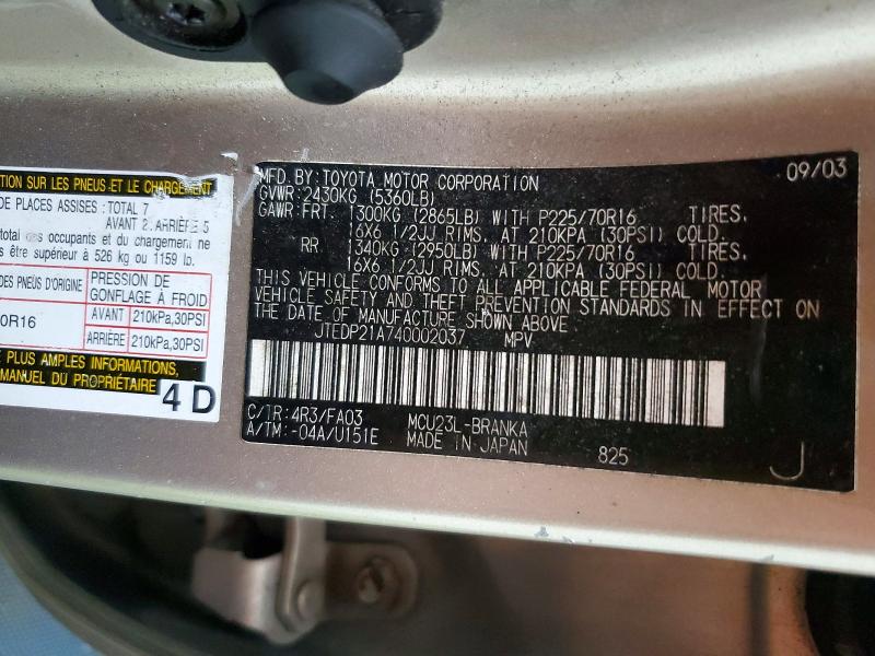 Продажа на аукционе авто 2004 Toyota Highlander, vin: JTEDP21A740002037, номер лота: 52225676