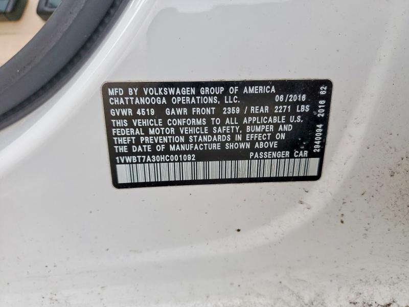 Aukcja sprzedaży 2017 Volkswagen Passat, vin: 1VWBT7A30HC001092, numer aukcji: 51138476