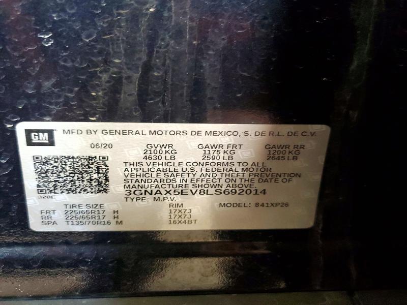 52394796 :رقم المزاد ، 3GNAX5EV8LS692014 vin ، 2020 Chevrolet Equinox مزاد بيع