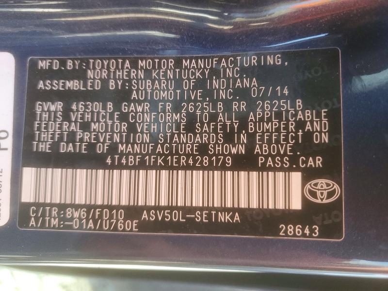 55416516 :رقم المزاد ، 4T4BF1FK1ER428179 vin ، 2014 Toyota Camry مزاد بيع