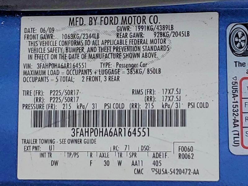 51903916 :رقم المزاد ، 3FAHP0HA6AR164551 vin ، 2010 Ford Fusion مزاد بيع