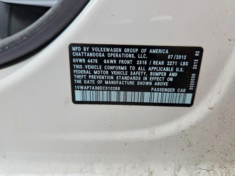 53745476 :رقم المزاد ، 1VWAP7A39DC010268 vin ، 2013 Volkswagen Passat مزاد بيع