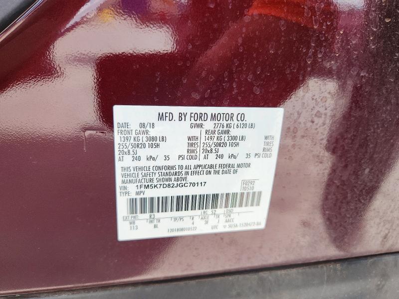 52665256 :رقم المزاد ، 1FM5K7D82JGC70117 vin ، 2018 Ford Explorer مزاد بيع
