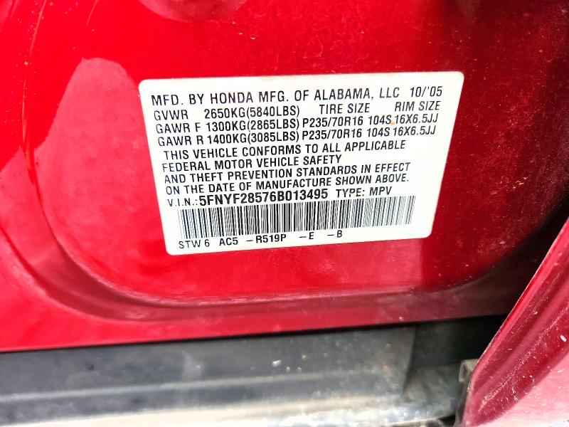 2006 Honda Pilot მანქანა იყიდება აუქციონზე, vin: 5FNYF28576B013495, აუქციონის ნომერი: 52230676