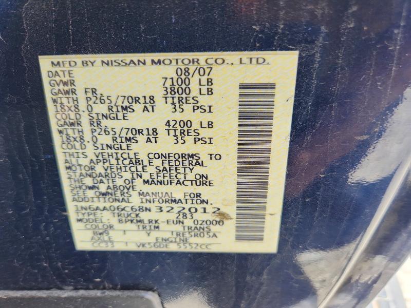 2008 Nissan Titan მანქანა იყიდება აუქციონზე, vin: 1N6AA06C68N322012, აუქციონის ნომერი: 54596786