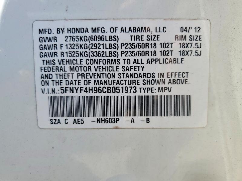 Продаж на аукціоні авто 2012 Honda Pilot, vin: 5FNYF4H96CB051973, номер лоту: 51528766