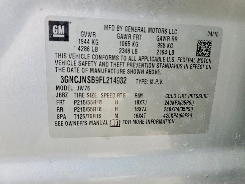 Aukcja sprzedaży 2015 Chevrolet Trax, vin: 3GNCJNSB9FL214932, numer aukcji: 52714976