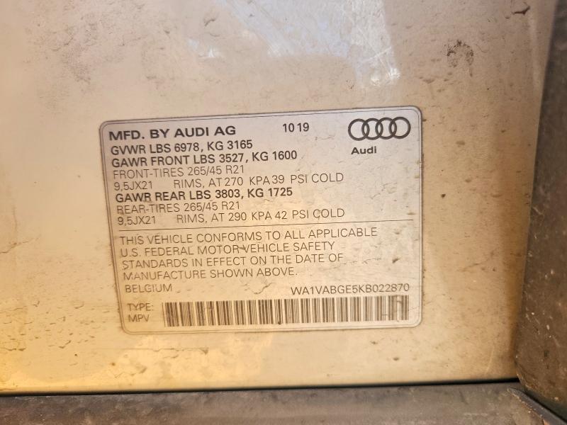 53477316 :رقم المزاد ، WA1VABGE5KB022870 vin ، 2019 Audi E-tron مزاد بيع