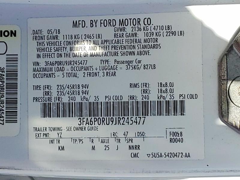 53828306 :رقم المزاد ، 3FA6P0RU9JR245477 vin ، 2018 Ford Fusion مزاد بيع