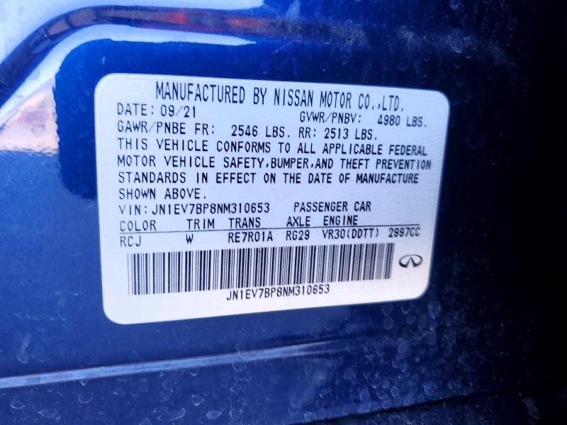 53290216 :رقم المزاد ، JN1EV7BP8NM310653 vin ، 2022 Infiniti Q50 مزاد بيع