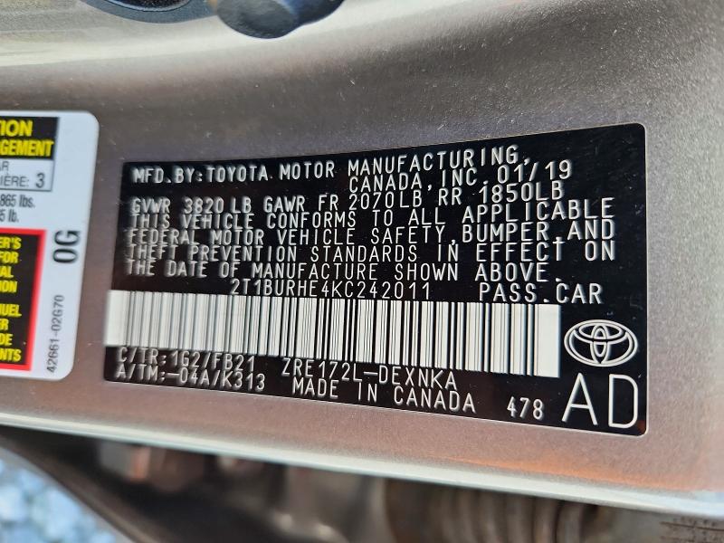Aukcja sprzedaży 2019 Toyota Corolla, vin: 2T1BURHE4KC242011, numer aukcji: 54606396