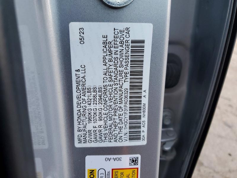 2023 Honda Accord მანქანა იყიდება აუქციონზე, vin: 1HGCY1F31PA036329, აუქციონის ნომერი: 52198846