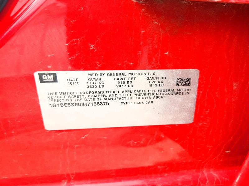2017 Chevrolet Cruze მანქანა იყიდება აუქციონზე, vin: 1G1BE5SM0H7155375, აუქციონის ნომერი: 54939066