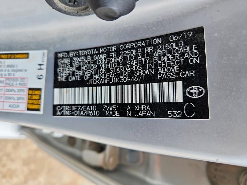 2019 Toyota Prius მანქანა იყიდება აუქციონზე, vin: JTDKARFU1K3094671, აუქციონის ნომერი: 52191256
