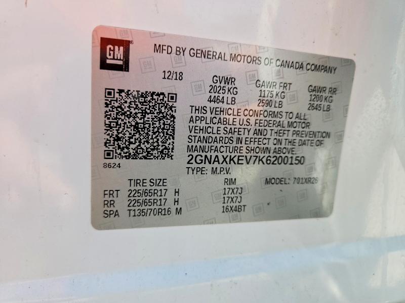 Aukcja sprzedaży 2019 Chevrolet Equinox, vin: 2GNAXKEV7K6200150, numer aukcji: 51820966