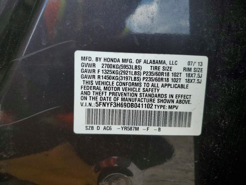 2013 Honda Pilot მანქანა იყიდება აუქციონზე, vin: 5FNYF3H69DB041102, აუქციონის ნომერი: 54511626