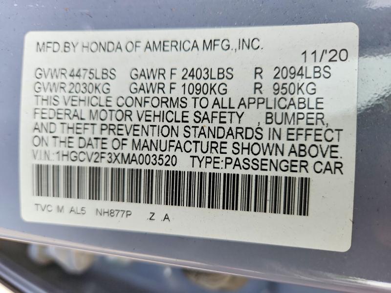 53230266 :رقم المزاد ، 1HGCV2F3XMA003520 vin ، 2021 Honda Accord مزاد بيع