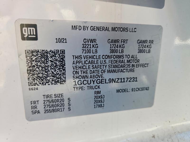 Aukcja sprzedaży 2022 Chevrolet Silverado Ltd, vin: 1GCUYGEL9NZ117231, numer aukcji: 54822846