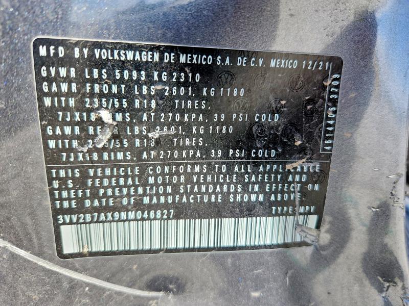 2022 Volkswagen Tiguan მანქანა იყიდება აუქციონზე, vin: 3VV2B7AX9NM046827, აუქციონის ნომერი: 51966156