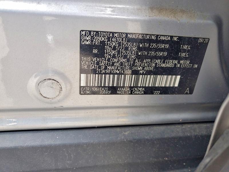 2021 Toyota Rav4 მანქანა იყიდება აუქციონზე, vin: 2T3A1RFVXMW143600, აუქციონის ნომერი: 54971136