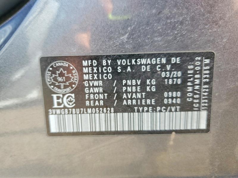 52534556 :رقم المزاد ، 3VWGB7BU7LM052628 vin ، 2020 Volkswagen Jetta مزاد بيع