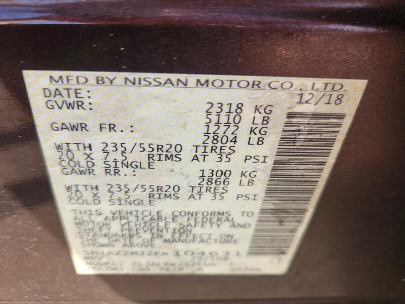 Продаж на аукціоні авто 2019 Nissan Murano, vin: 5N1AZ2MJ2KN104631, номер лоту: 53759416