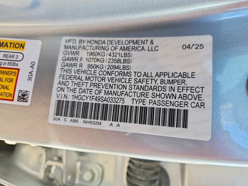 Продажа на аукционе авто 2025 Honda Accord, vin: 1HGCY1F49SA033275, номер лота: 53082736