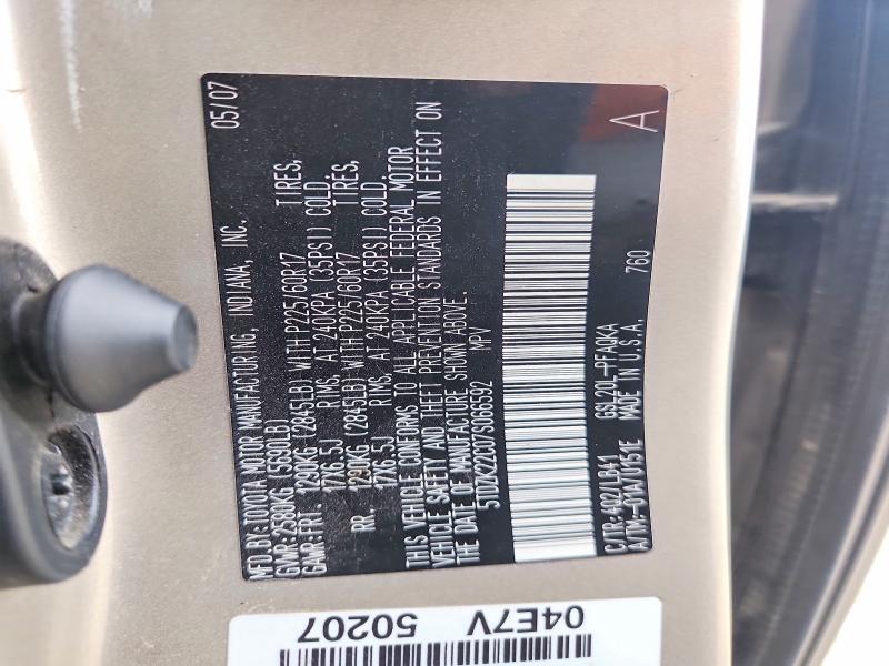 54718816 :رقم المزاد ، 5TDZK22C07S066592 vin ، 2007 Toyota Sienle/xle مزاد بيع