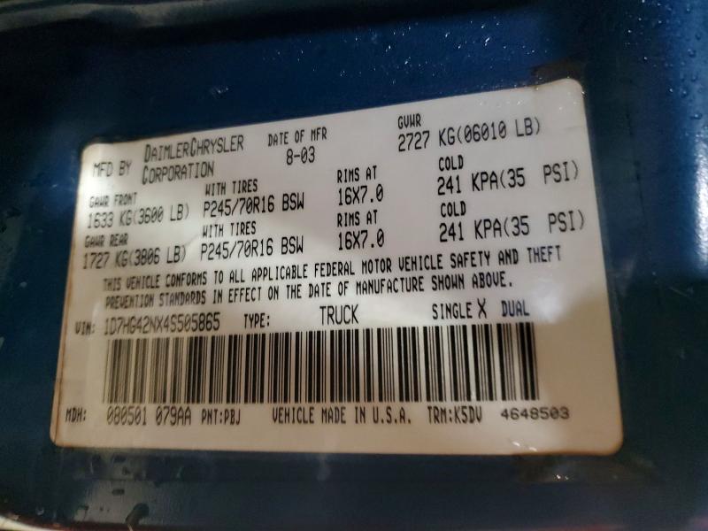 52469176 :رقم المزاد ، 1D7HG42NX4S505865 vin ، 2004 Dodge Dakota مزاد بيع