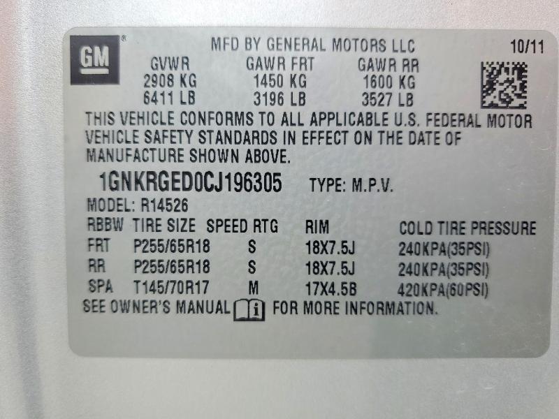 Aukcja sprzedaży 2012 Chevrolet Traverse, vin: 1GNKRGED0CJ196305, numer aukcji: 52212436