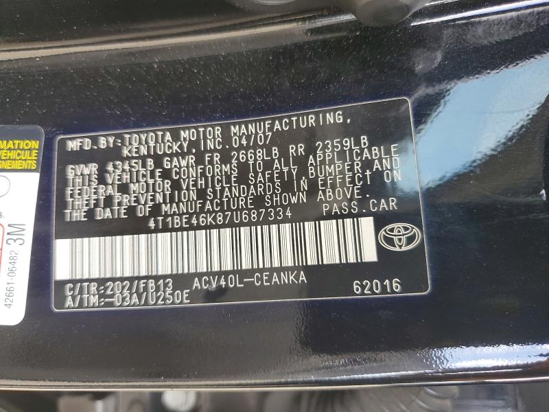 Продажа на аукционе авто 2007 Toyota Camry, vin: 4T1BE46K87U687334, номер лота: 53667646