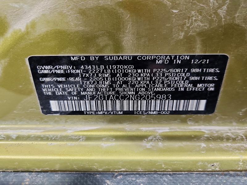 52716206 :رقم المزاد ، JF2GTACC2NG205983 vin ، 2022 Subaru Crosstrek مزاد بيع