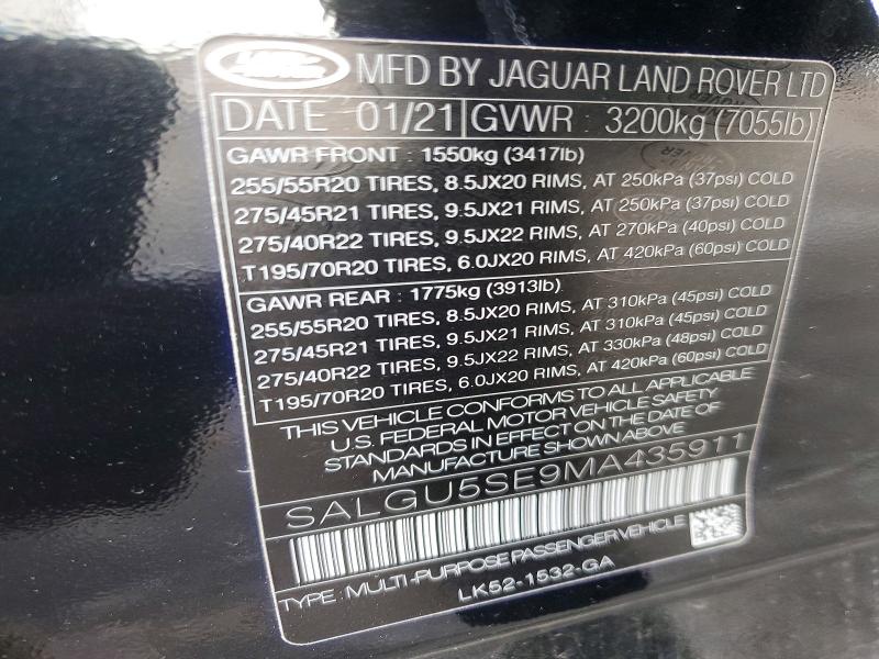 Aukcja sprzedaży 2021 Land Rover Landrover, vin: SALGU5SE9MA435911, numer aukcji: 54299776