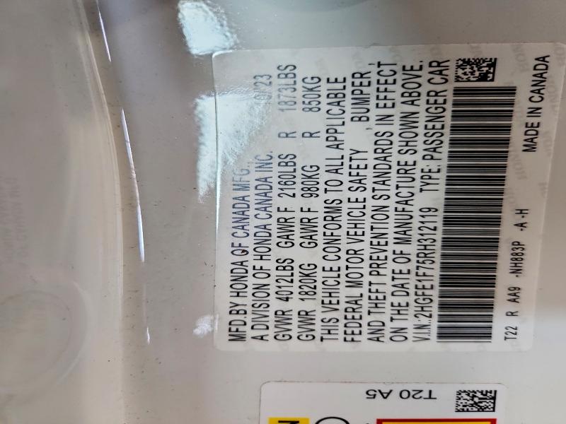 55138706 :رقم المزاد ، 2HGFE1F75RH312119 vin ، 2024 Honda Civic مزاد بيع