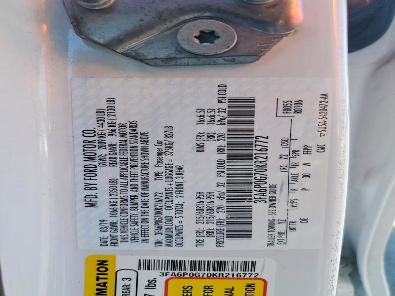 Продаж на аукціоні авто 2019 Ford Fusion, vin: 3FA6P0G70KR216772, номер лоту: 53625516