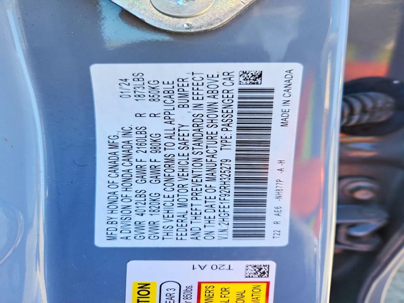 52531076 :رقم المزاد ، 2HGFE1F92RH325279 vin ، 2024 Honda Civic مزاد بيع
