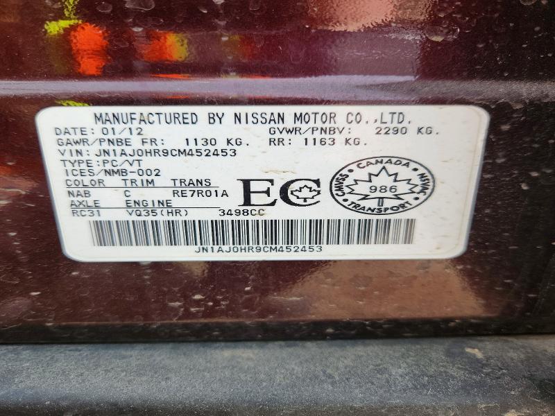 Auction sale of the 2012 Infiniti Ex35, vin: JN1AJ0HR9CM452453, lot number: 51616256