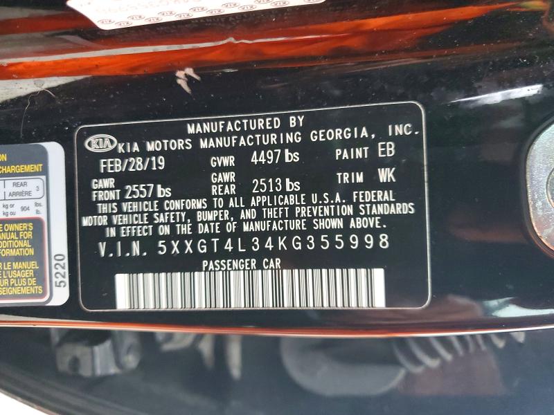 Auction sale of the 2019 Kia Optima, vin: 5XXGT4L34KG355998, lot number: 52395376